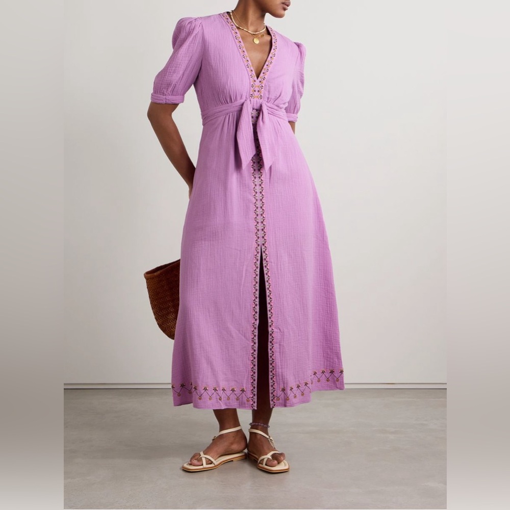 SALONI Jamie Tie-Detailed Embroidered Midi Dress ❤️NWT❤️